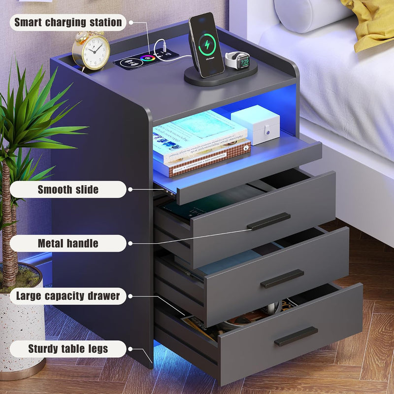 Bedside Table with Charging Station and LED Lights