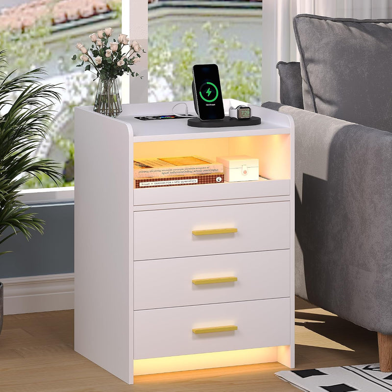 Bedside Table with Charging Station and LED Lights
