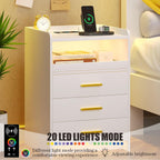 Bedside Table with Charging Station and LED Lights