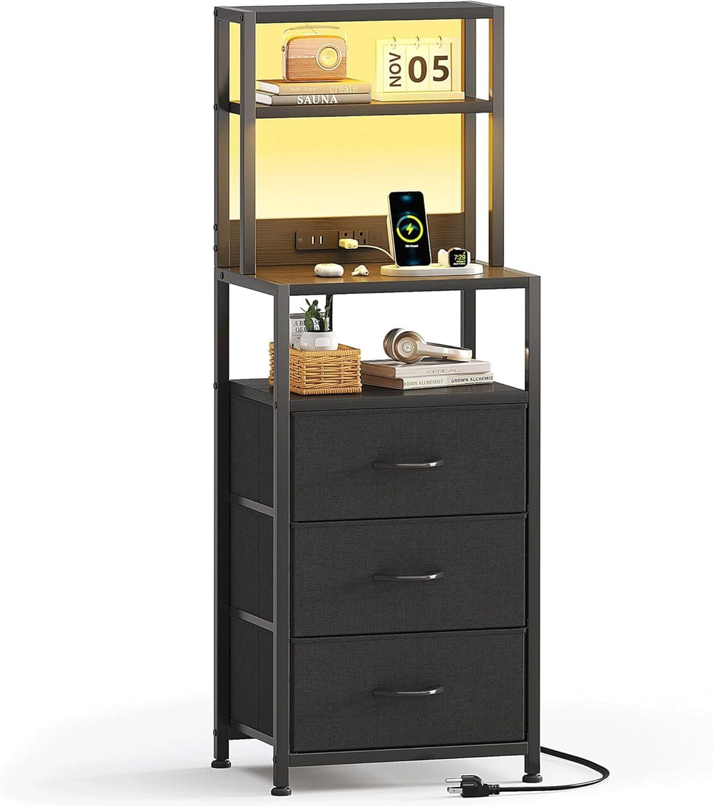 Bedside Table with Charging Station and LED Tall
