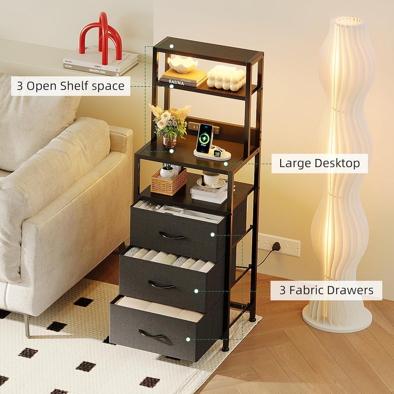 Bedside Table with Charging Station and LED Tall