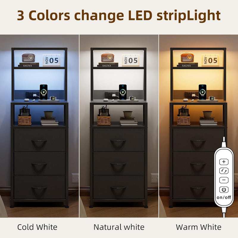 Bedside Table with Charging Station and LED Tall