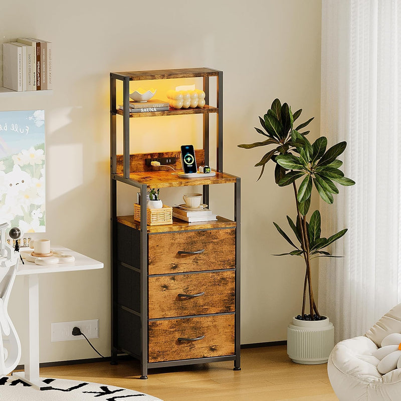 Bedside Table with Charging Station and LED Tall