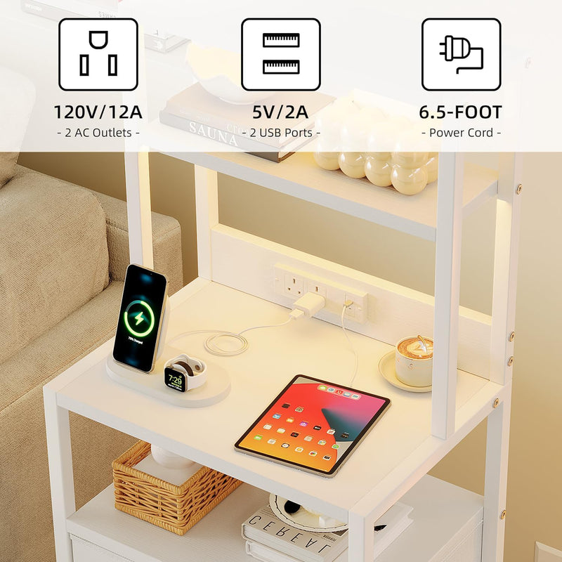 Bedside Table with Charging Station and LED Tall