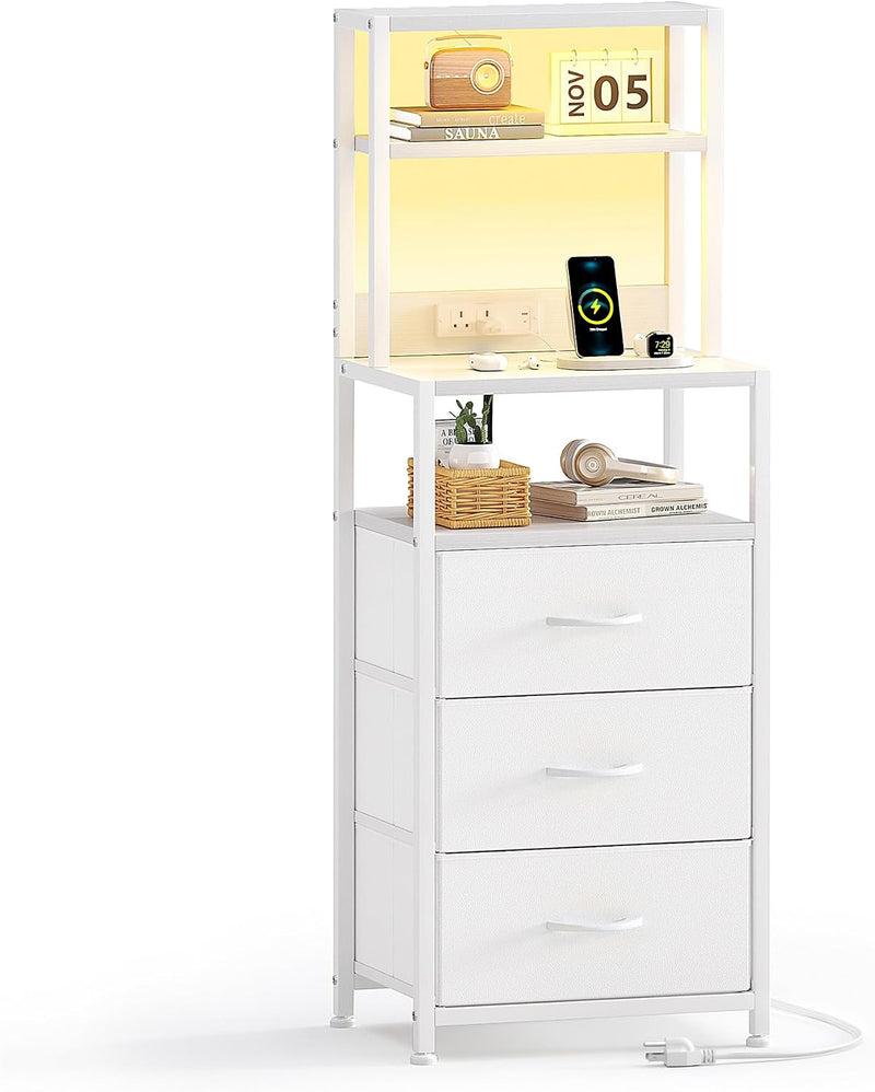 Bedside Table with Charging Station and LED Tall