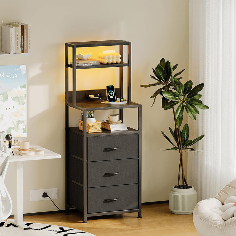Bedside Table with Charging Station and LED Tall