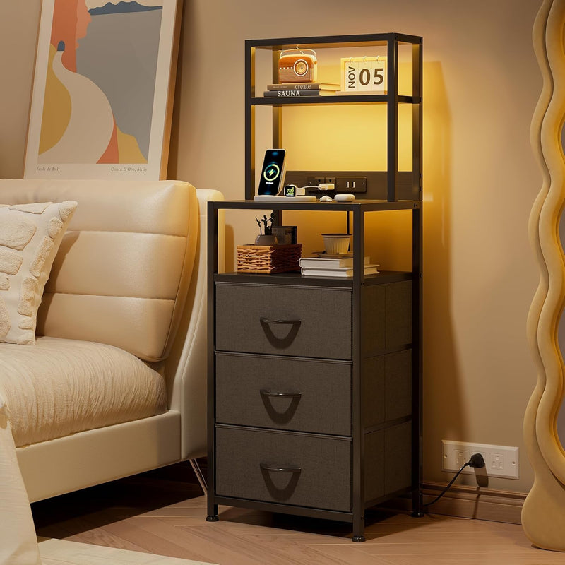 Bedside Table with Charging Station and LED Tall