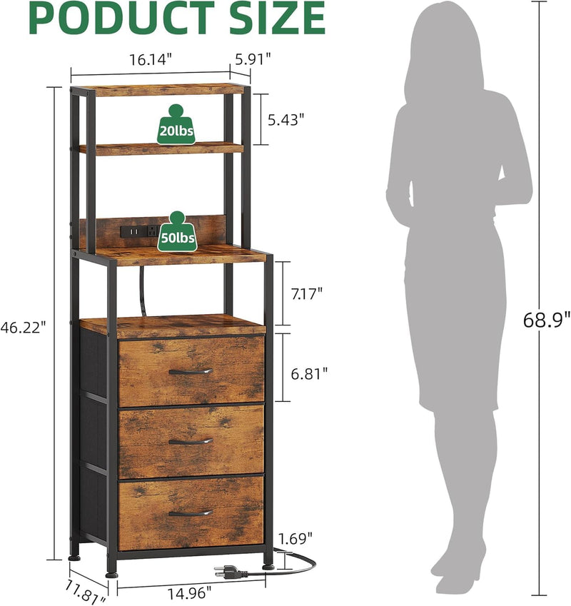 Bedside Table with Charging Station and LED Tall