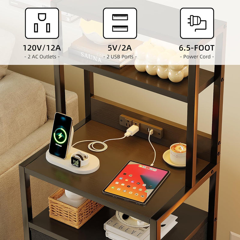 Bedside Table with Charging Station and LED Tall