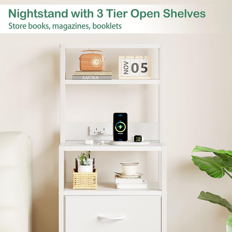 Bedside Table with Charging Station and LED Tall