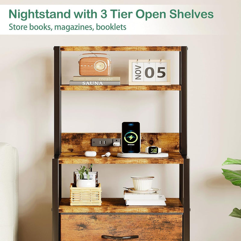 Bedside Table with Charging Station and LED Tall