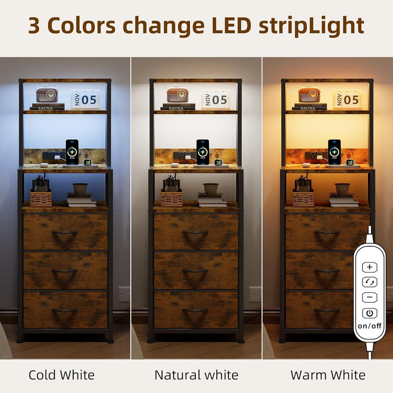 Bedside Table with Charging Station and LED Tall