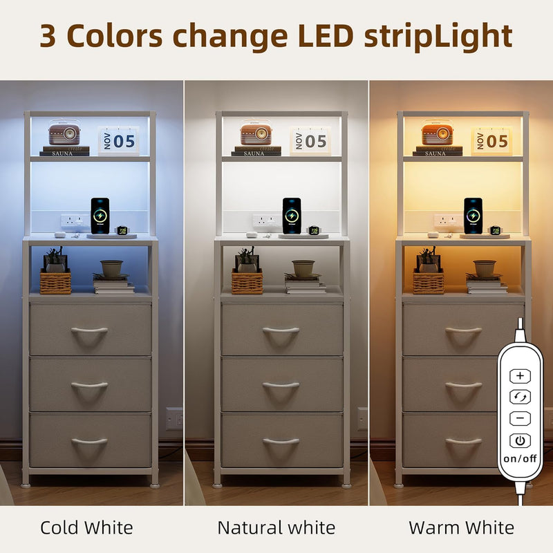 Bedside Table with Charging Station and LED Tall