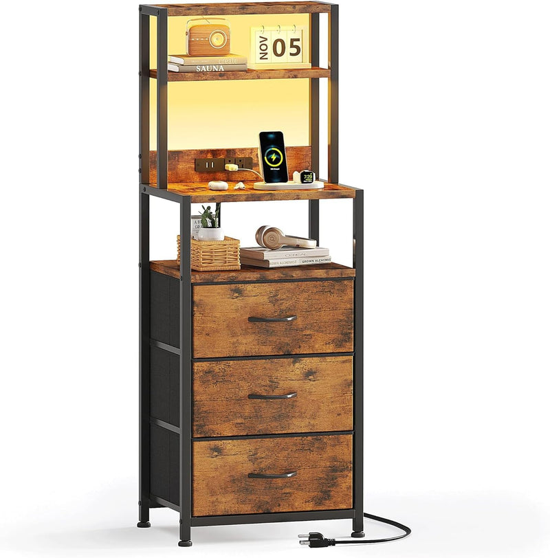 Bedside Table with Charging Station and LED Tall