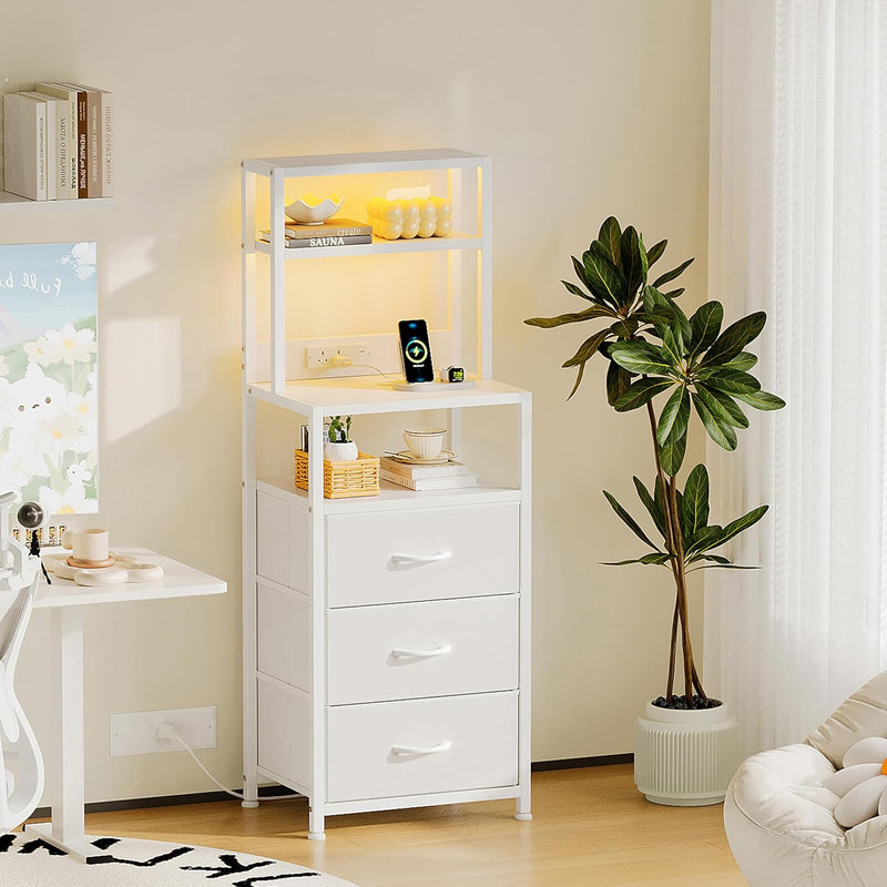 Bedside Table with Charging Station and LED Tall