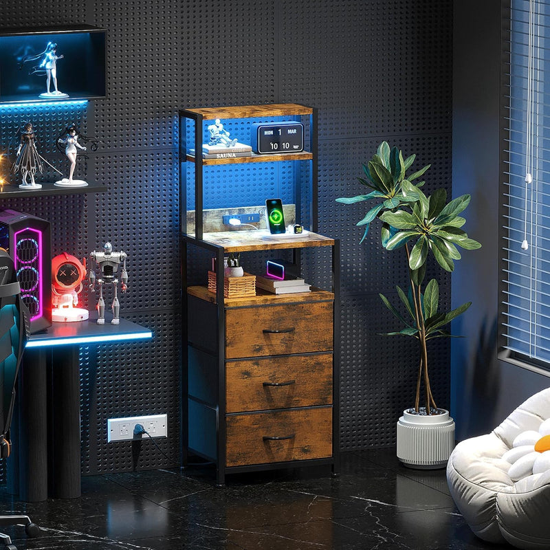 Bedside Table with Charging Station and LED Tall