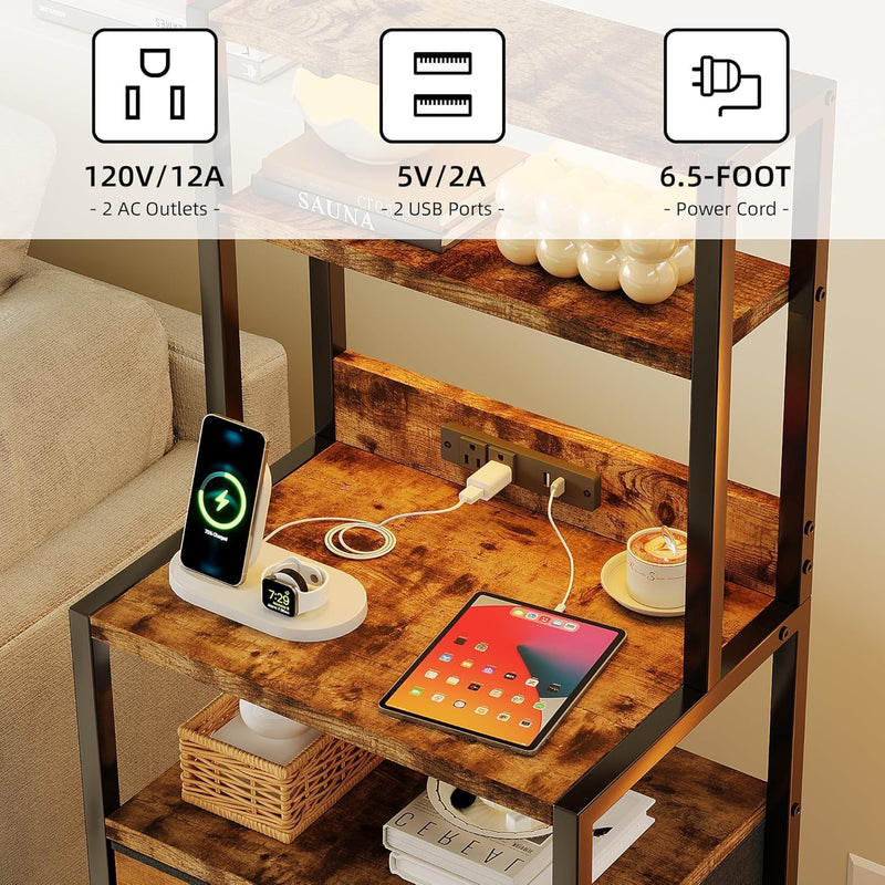 Bedside Table with Charging Station and LED Tall