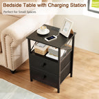 Bedside Table with Charging Station Cabinet Side Fabric (Set of 2)
