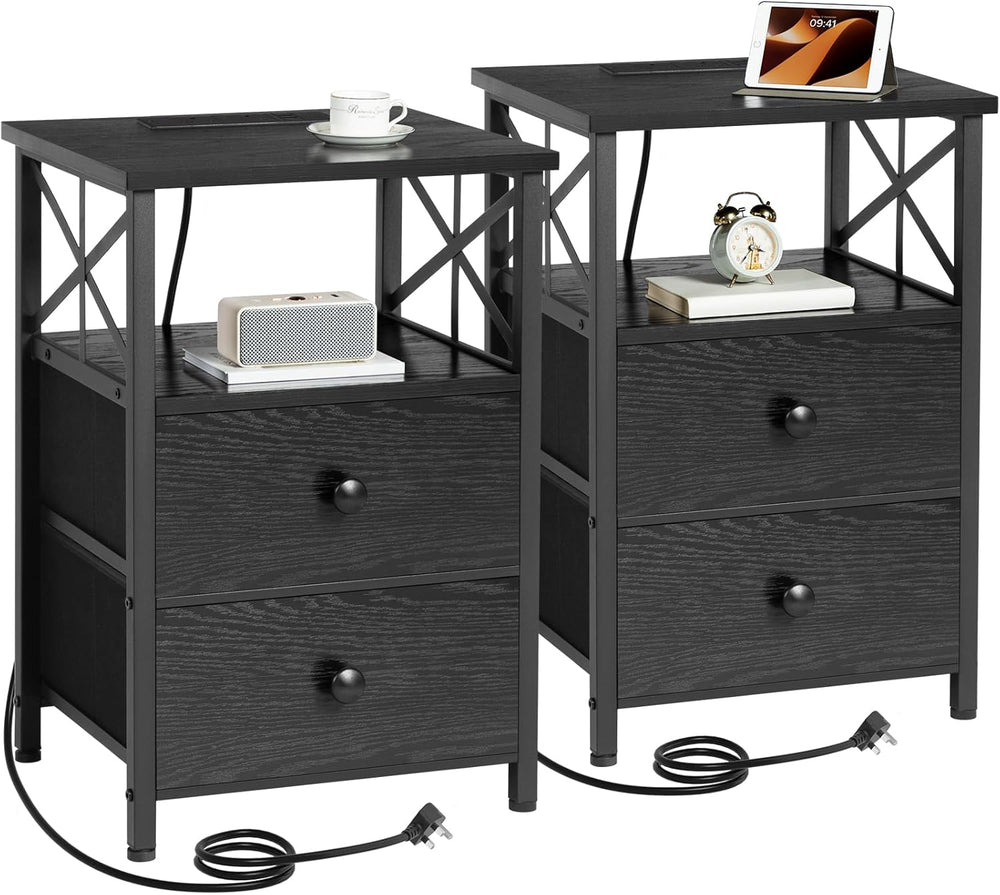 Bedside Table with Charging Station Cabinet Side Fabric (Set of 2)
