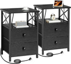 Bedside Table with Charging Station Cabinet Side Fabric (Set of 2)