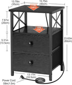 Bedside Table with Charging Station Cabinet Side Fabric (Set of 2)