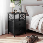 Bedside Table with Charging Station Cabinet Side Fabric (Set of 2)