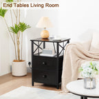 Bedside Table with Charging Station Cabinet Side Fabric (Set of 2)