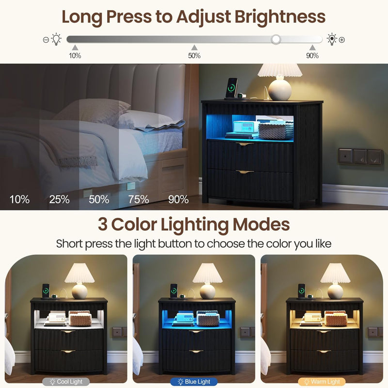Bedside Table with Hidden Drawer and LED Lights