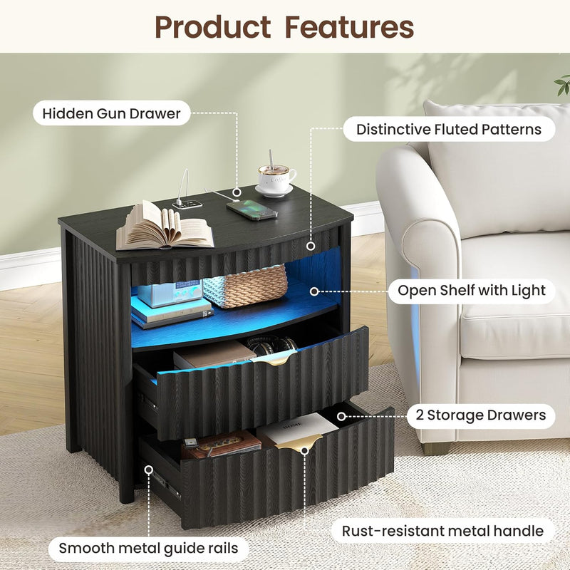 Bedside Table with Hidden Drawer and LED Lights