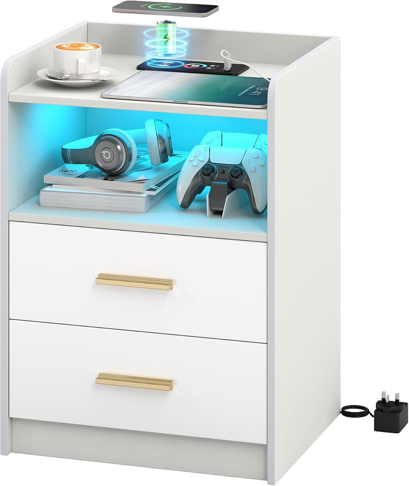 Bedside Table with LED Charging Station and Hidden