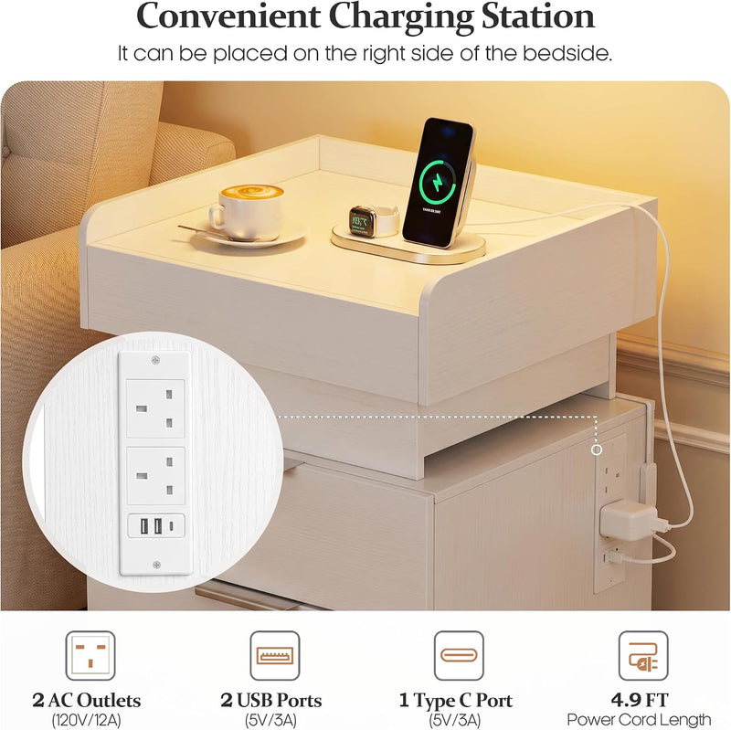 Bedside Table with LED Charging Station and Hidden