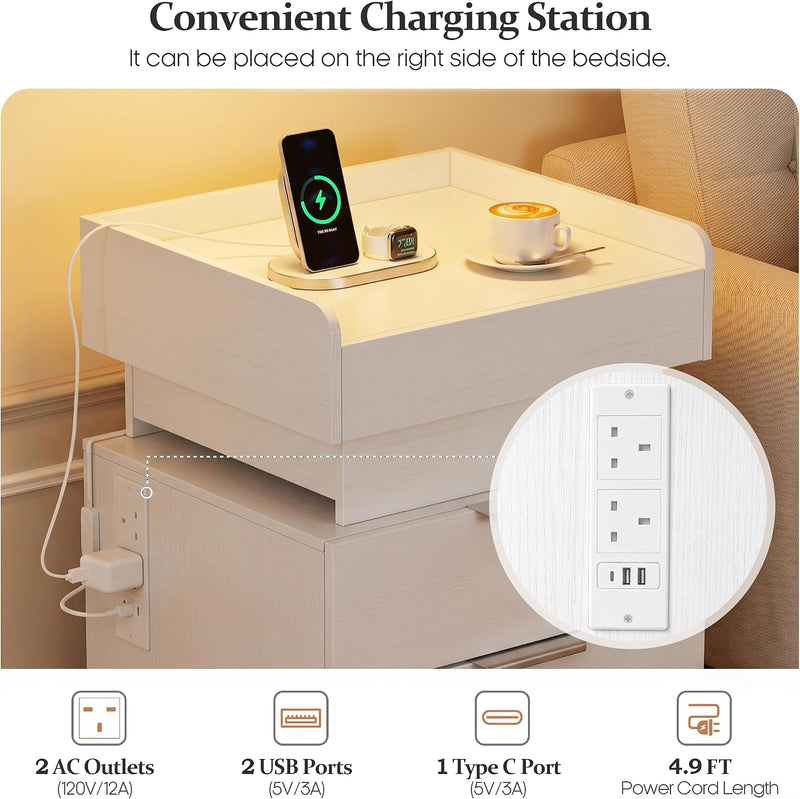 Bedside Table with LED Charging Station and Hidden
