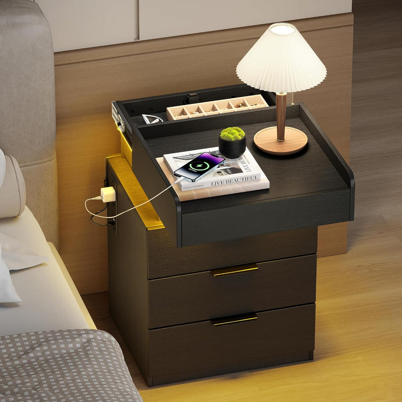 Bedside Table with LED Charging Station and Hidden