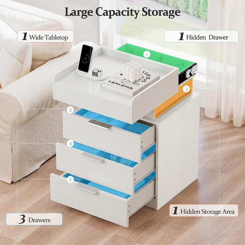 Bedside Table with LED Charging Station and Hidden