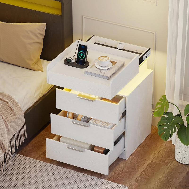 Bedside Table with LED Charging Station and Hidden