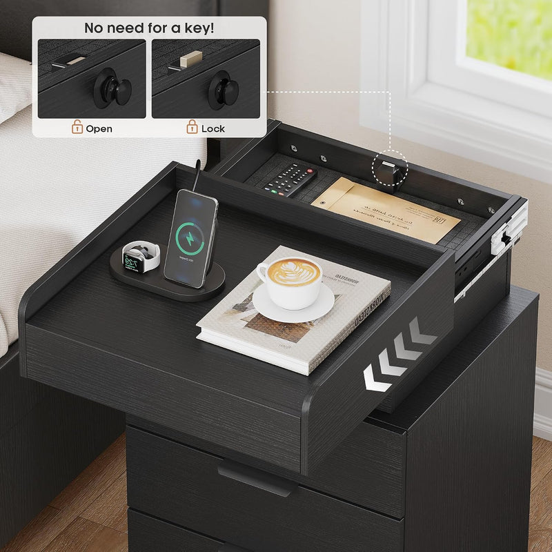 Bedside Table with LED Charging Station and Hidden