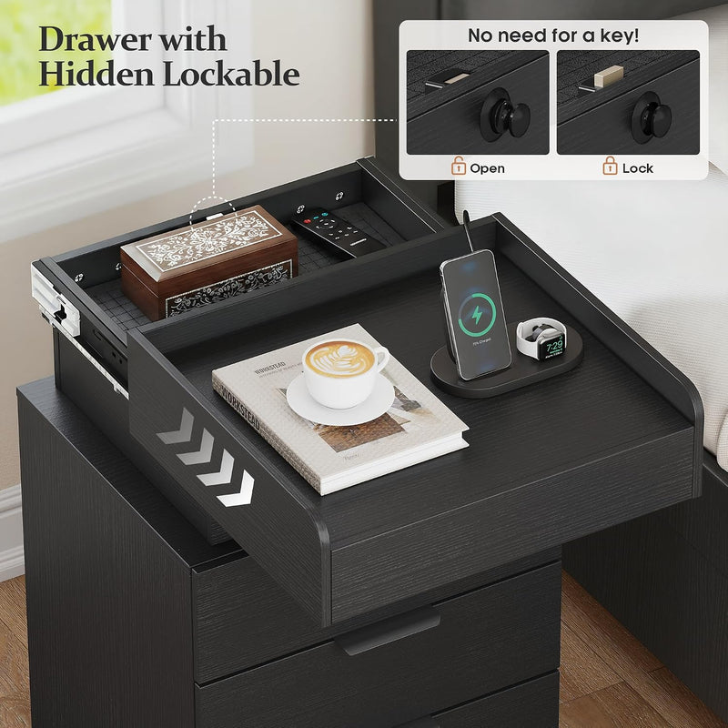 Bedside Table with LED Charging Station and Hidden