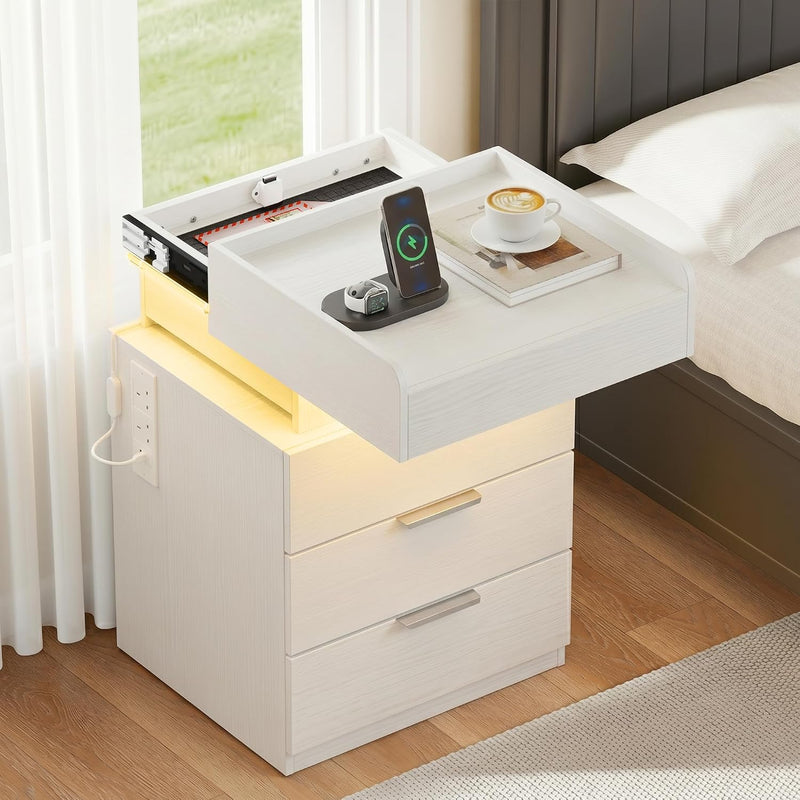 Bedside Table with LED Charging Station and Hidden