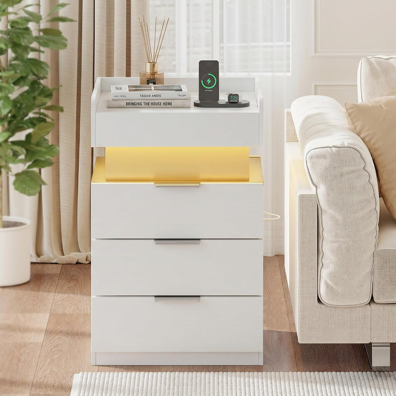 Bedside Table with LED Charging Station and Hidden