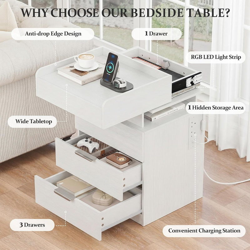 Bedside Table with LED Charging Station and Hidden