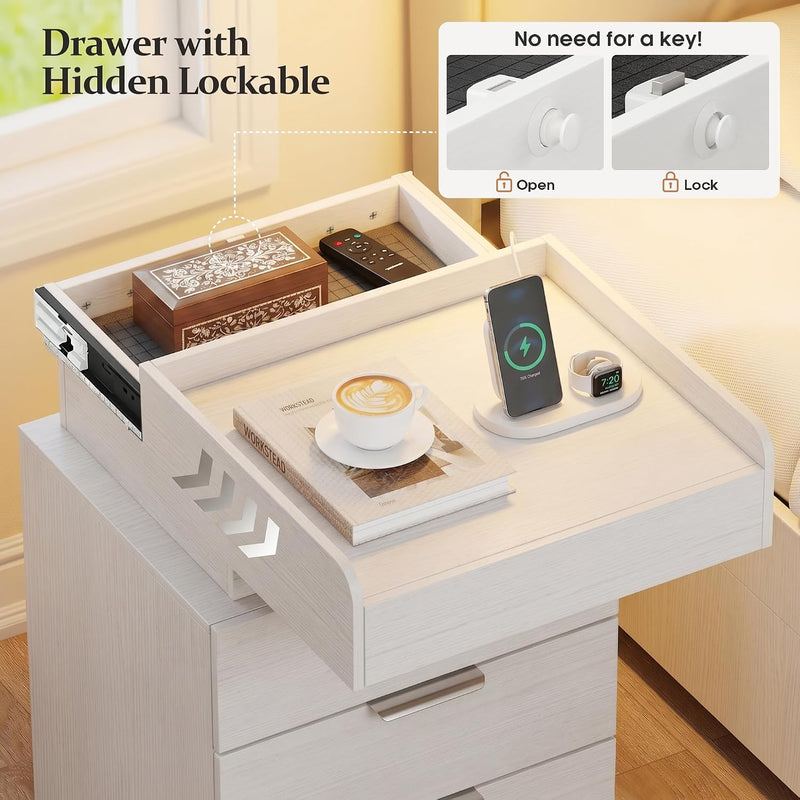 Bedside Table with LED Charging Station and Hidden