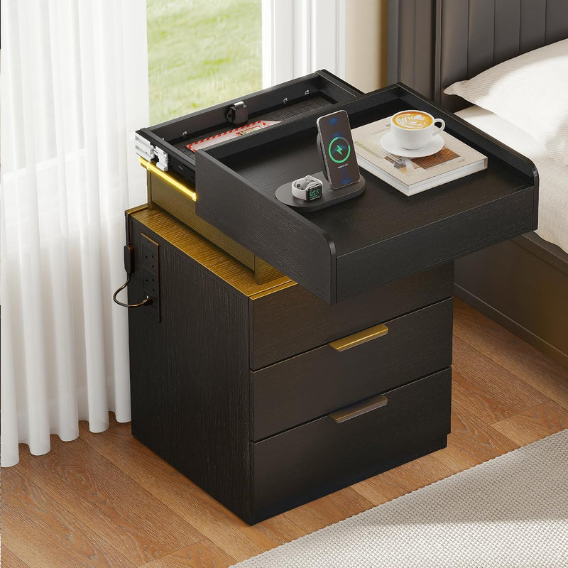 Bedside Table with LED Charging Station and Hidden