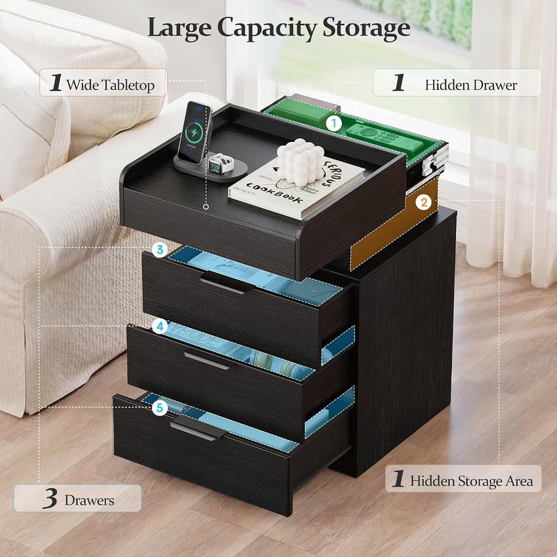 Bedside Table with LED Charging Station and Hidden