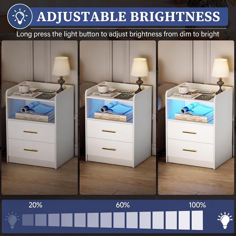 Bedside Table with LED Charging Station and Hidden