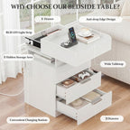 Bedside Table with LED Charging Station and Hidden
