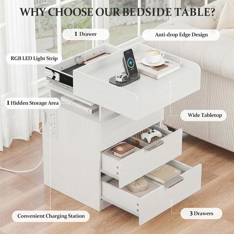 Bedside Table with LED Charging Station and Hidden