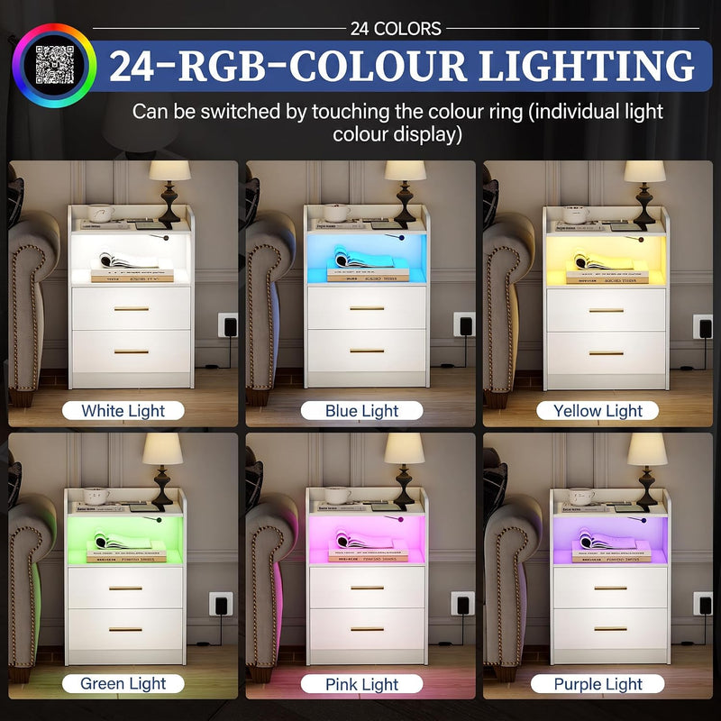 Bedside Table with LED Charging Station and Hidden