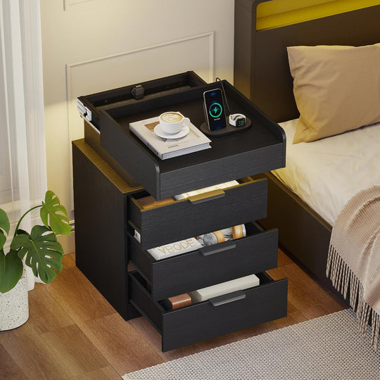 Bedside Table with LED Charging Station and Hidden