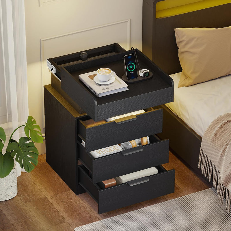 Bedside Table with LED Charging Station and Hidden