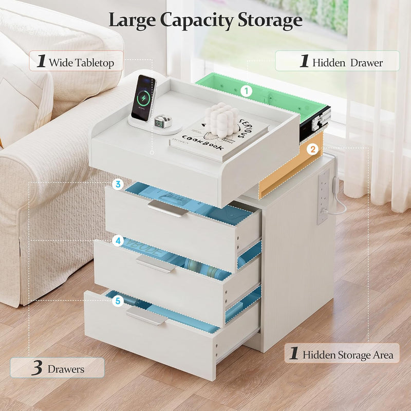 Bedside Table with LED Charging Station and Hidden